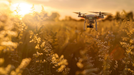 Drone Flying Over Field at Sunsetの素材