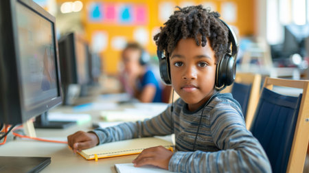 Young Boy Engaged in Online Learning at Computer in Classroom Settingの素材