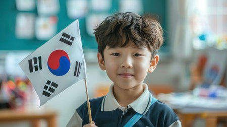 Young Boy Holding South Korean Flag in Classroom During National Celebrationの素材
