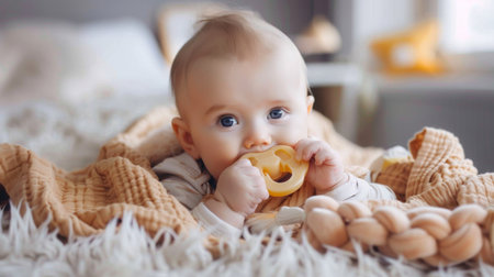 Baby Enjoys Teething Toy While Relaxing on Soft Blanket in Cozy Roomの素材
