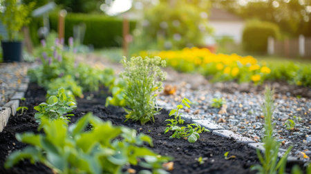 Garden Row With Green Plants and Gravel Pathの素材