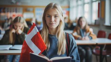 Young Student Holding Norwegian Flag in Classroom During Lessonの素材