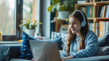 Young Girl Engaged in Online Learning at Home in Cozy Living Room During Daytimeの素材