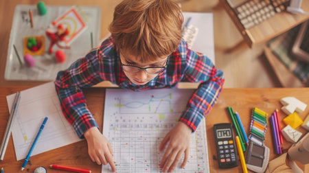 Child Focused on Homework With Colorful Supplies on a Classroom Deskの素材