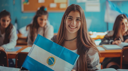 Student Holding Argentine Flag in Classroom During School Activityの素材