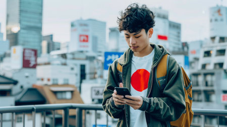 Young Man Texting on Smartphone in Urban Setting During Daytimeの素材