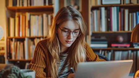 Student Studying at Home With Laptop in Cozy Library Setting During Eveningの素材