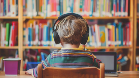 Child With Headphones Engaged in Learning at Library Desk in Brightly Colored Book Aisleの素材