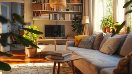Cozy Living Room With Plants, TV, on a Bright Afternoonの素材
