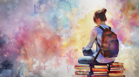 Girl With Backpack Sitting on Stack of Books in Abstract Backgroundの素材