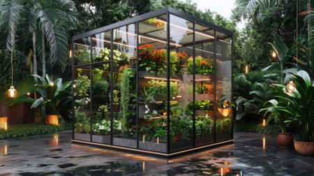 Modern Greenhouse In Garden At Nightの素材