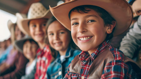 Young Riders Enjoying a Cowboy Event at an Outdoor Arena in the Daytimeの素材