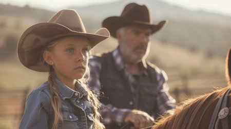 Young Cowgirl and Adult Rancher in Western Landscape at Golden Hourの素材