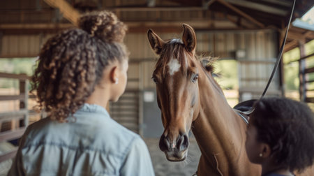 Young Riders Interact With a Horse Inside a Barn During Daytimeの素材