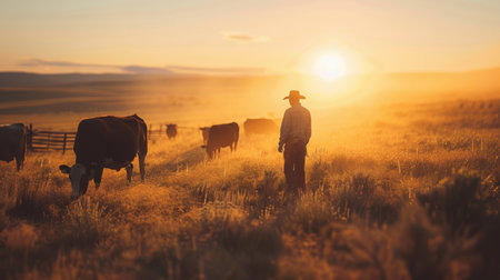 Cowboy Herding Cattle at Sunset on a Pastoral Ranchの素材