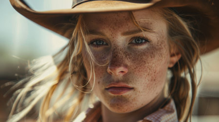 Young Cowgirl With Freckles in Western Hat at Ranch During Sunny Dayの素材
