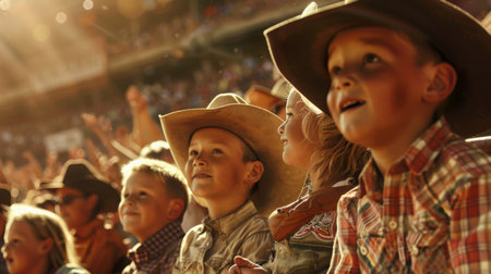 Children Enjoying A Rodeo Event At Sunset In A Crowded Arenaの素材