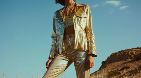 Stylish Model Posing in Shiny Gold Outfit Against Blue Sky at Golden Hourの素材