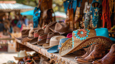 Colorful Hats and Boots Displayed at a Market Stall During a Sunny Dayの素材
