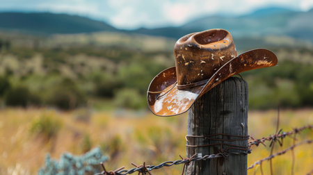 Rusty Cowboy Hat on Wooden Fence Post Against Scenic Countryside Backgroundの素材