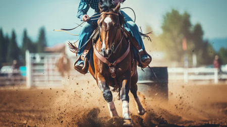 Cowboy Racing Horse at Barrel Racing Competition in Dusty Arenaの素材
