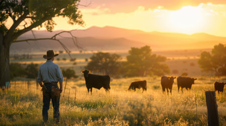 Cowboy Observing Cattle at Sunset in a Rustic Landscapeの素材