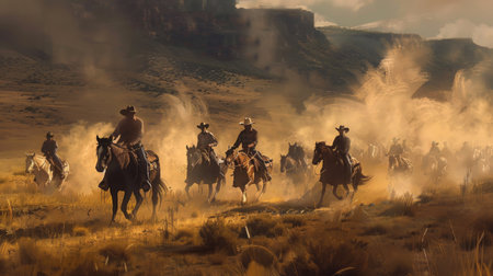 Cowboys Riding Through Dusty Terrain at Sunset in the American Westの素材