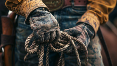 Cowboy Preparing Ropes During Rodeo Event in Western Landscape at Duskの素材