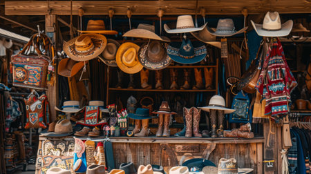 Colorful Hats and Boots Display in a Southwestern Market at Sunsetの素材
