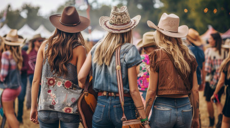 Three Friends Enjoying a Country Music Festival in a Sunny Outdoor Settingの素材