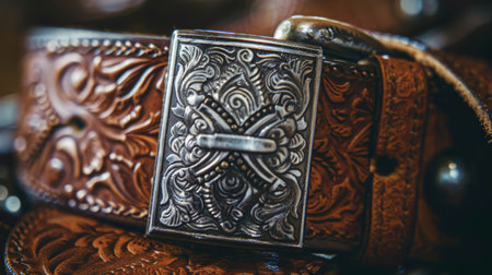 Intricate Silver-Buckled Leather Belt on Display With Detailed Craftsmanshipの素材
