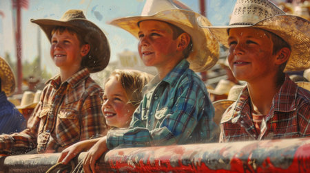 Young Cowboys Enjoying Rodeo Event in Country Arena Under Clear Blue Skyの素材