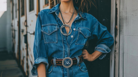 Denim Fashion Showcase at Urban Location During Golden Hourの素材