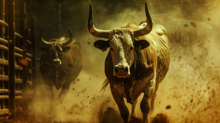 Cattle Running Through Dusty Ranch Landscape at Duskの素材