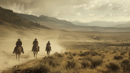 Cowboys Riding Horses Through Dusty Landscape at Dusk in a Remote Wildernessの素材