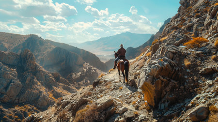 Horseback Riding Through Rocky Mountain Landscape on a Sunny Dayの素材