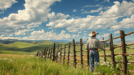 Cowboy Enjoying Scenic View at Fenced Pasture Under Blue Sky in Summerの素材