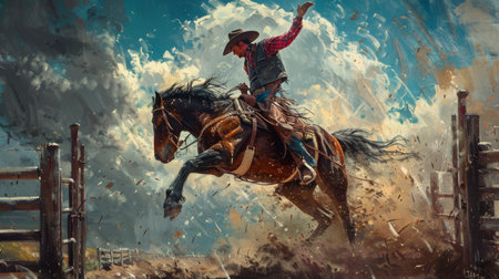 Cowboy Riding Horse During Dusty Rodeo Performance in Sunset Skyの素材