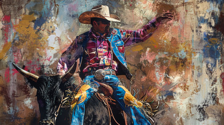 Bull Rider in Colorful Attire at a Rodeo Event in the Southwestの素材