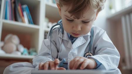 Young Boy in Doctors Coat Using Tabletの素材