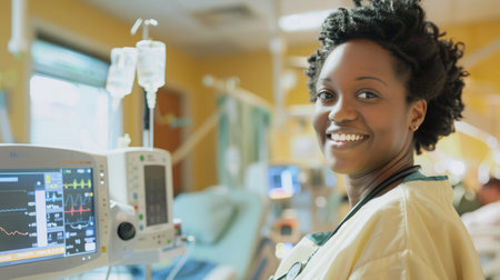 Woman Smiling in Hospital Roomの素材
