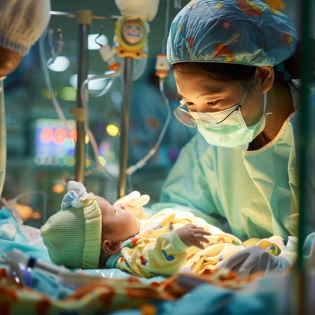 Nurse Tending to Baby in Hospital Bedの素材
