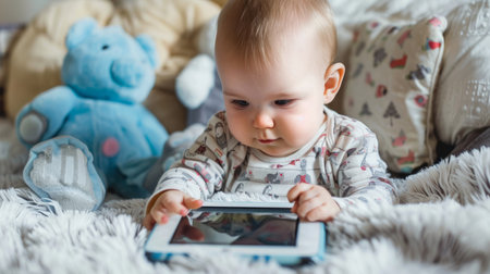 Baby Playing With Tablet on Bedの素材
