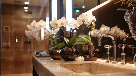 Elegant Bathroom Decor With Orchids and Modern Fixturesの素材