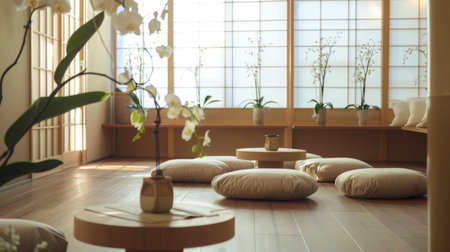 Tranquil Zen Space With Cushions and Orchids in a Sunlit Roomの素材