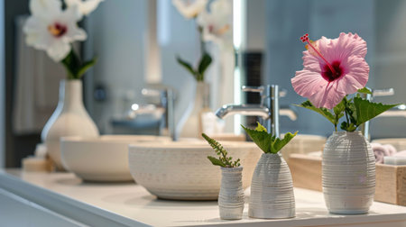 Elegant Bathroom Decor With Flowers and Modern Fixtures at Daytimeの素材