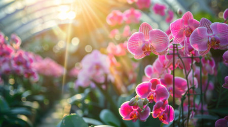 Vibrant Orchids Blooming in a Greenhouse With Sunlight Streaming Throughの素材
