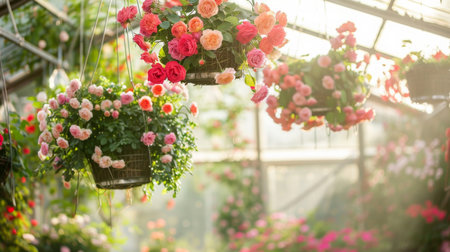 Colorful Hanging Flower Baskets in a Serene Greenhouse During Golden Hourの素材