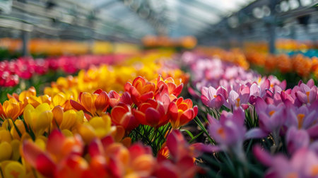 Vibrant Crocus Flowers Blooming in a Colorful Greenhouse Settingの素材