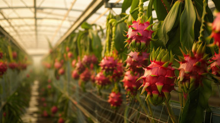 Dragon Fruit Plants Growing in a Warm Greenhouse During Sunny Morningの素材